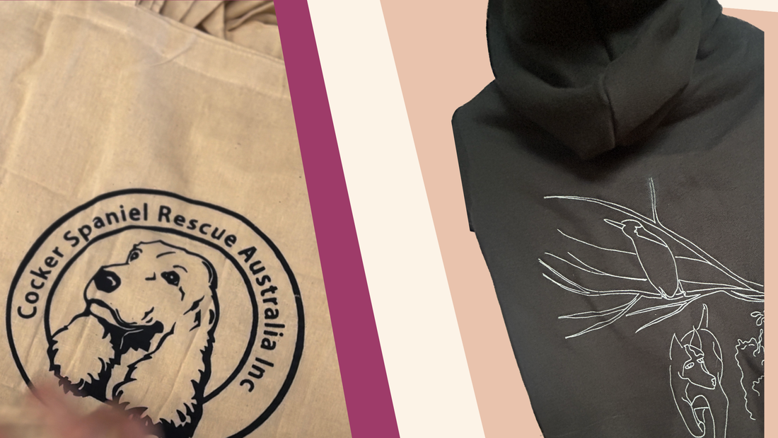 Flat lay featuring Fur-You custom screen printed tote bags for CSRA beside the back view of a Charlie and the bird hoodie. Both are presented in angle frames bordered with soft pink and cream tones highlighting the design and hand crafted detail