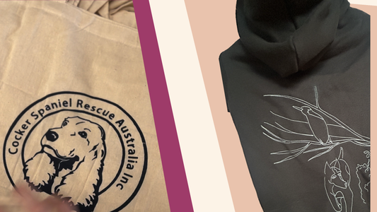 Flat lay featuring Fur-You custom screen printed tote bags for CSRA beside the back view of a Charlie and the bird hoodie. Both are presented in angle frames bordered with soft pink and cream tones highlighting the design and hand crafted detail