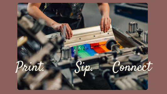 Hands pulling a squeegee across a screen with rainbow ink during a Print with Mel session, with the words “Print. Sip. Connect” overlaid in Fur-You’s brand cream.