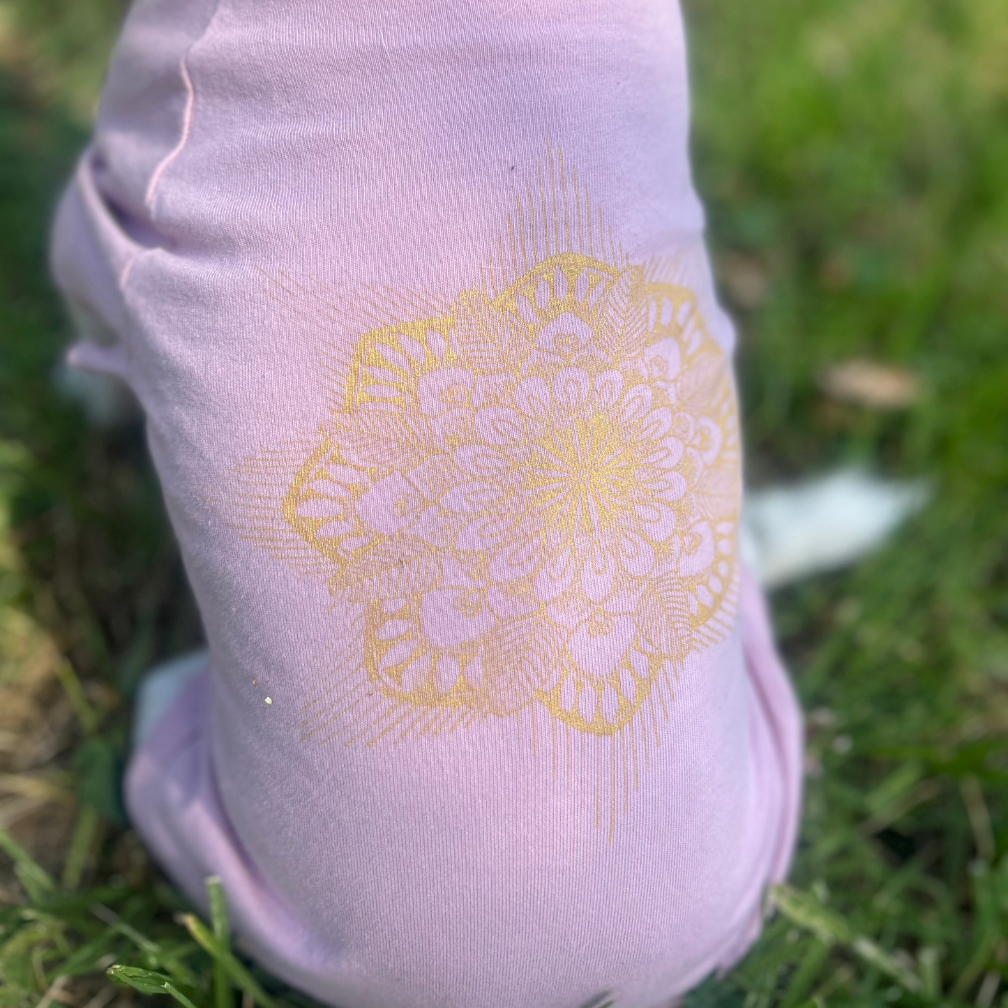 Charlie sitting showing back view close up wearing Mandala in Golde Lustre on Dusty pink raglan tee