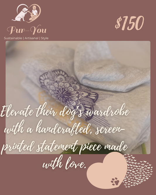 Beautifully stacked Fur-You hoodies displaying the intricate Mandala print in purple and gold lustre highlighting artisanal design. Text: Elevate their dog's wardrobe with a handcrafted, screen printed statement piece made with love. Assigned to the $150 voucher