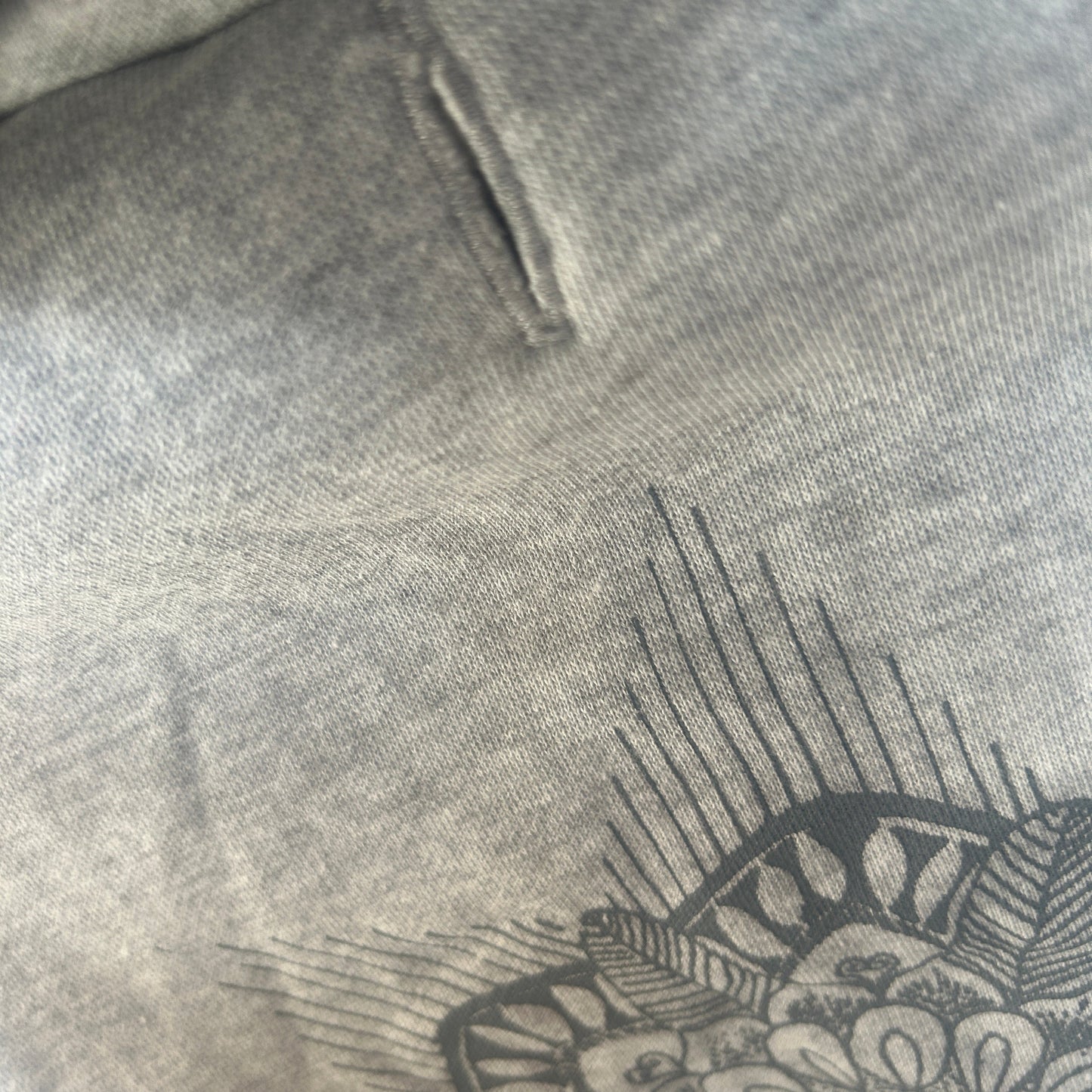Close-up of grey Mandala print and leash-friendly D-ring opening on Fur-You's eco-friendly dog hoodie in Grey Marle