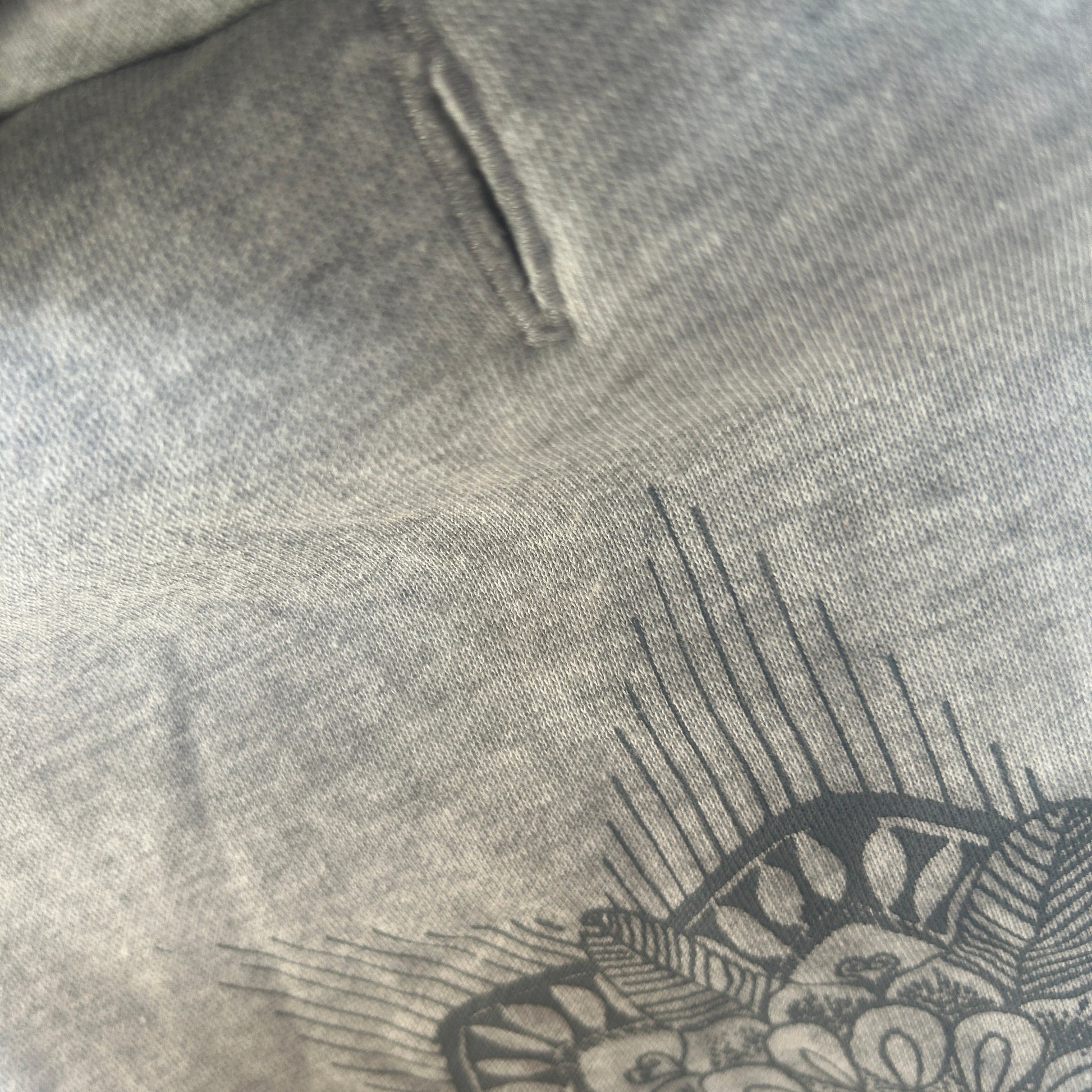 Close-up of grey Mandala print and leash-friendly D-ring opening on Fur-You's eco-friendly dog hoodie in Grey Marle