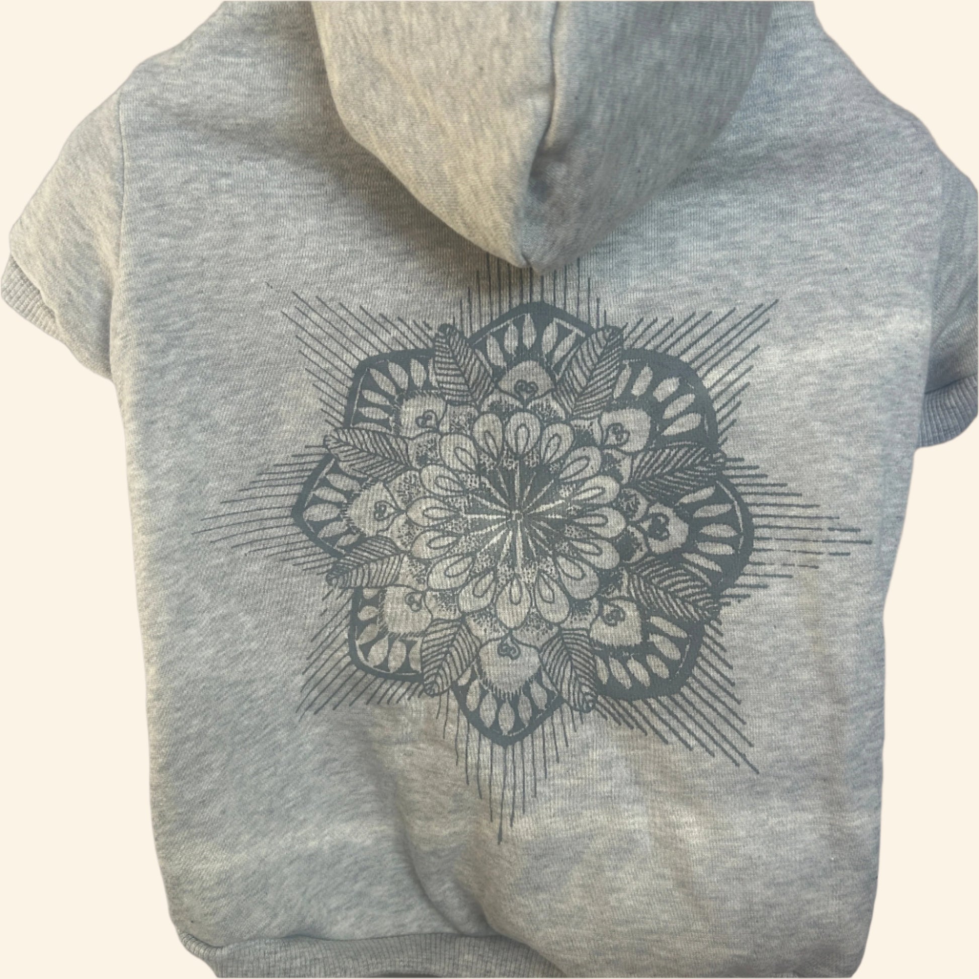 Full back view of Fur-You's Grey Marle dog hoodie featuring a large Mandala design screen-printed  in grey on sustainable fleece