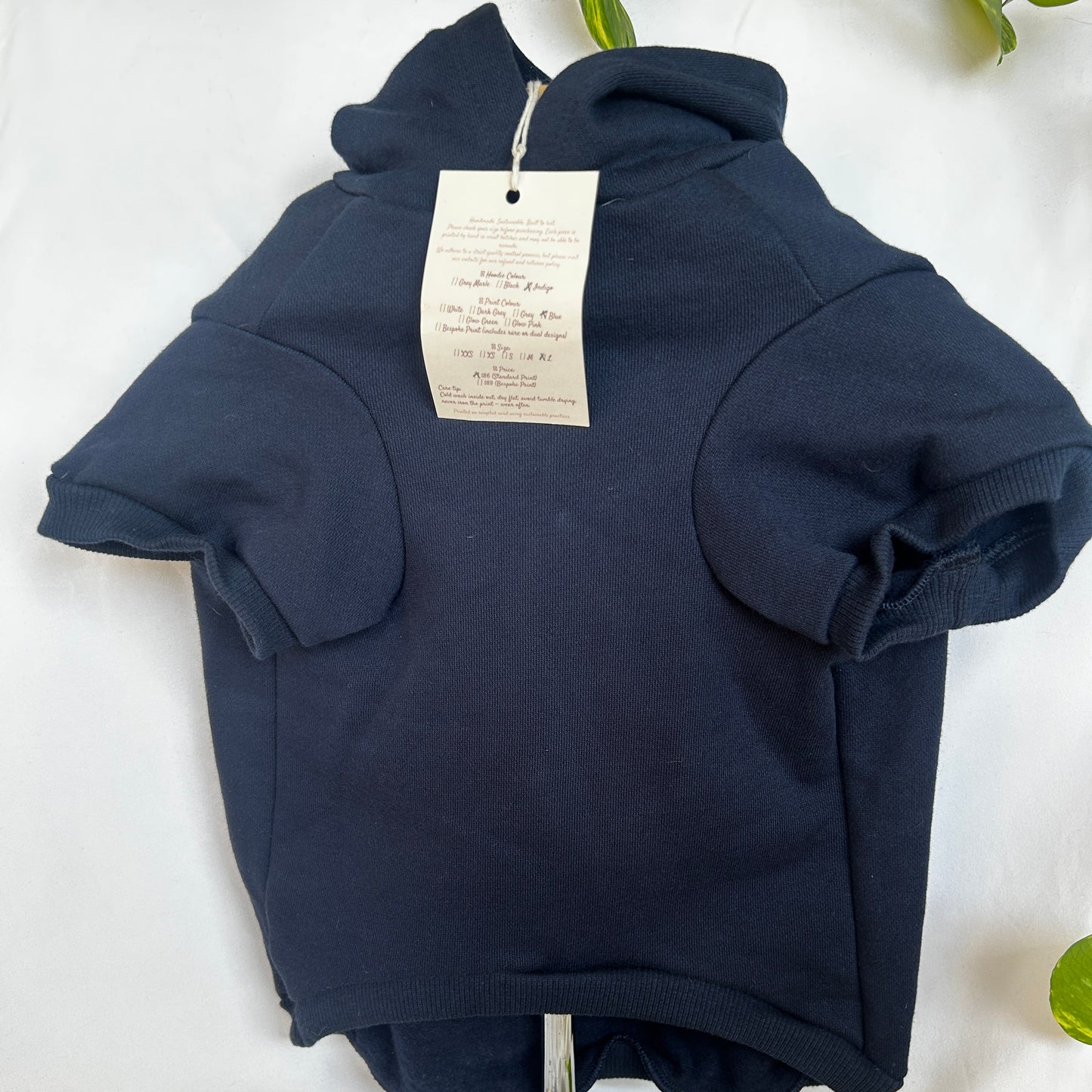 Indigo blue dog hoodie with white mandala print shown from front