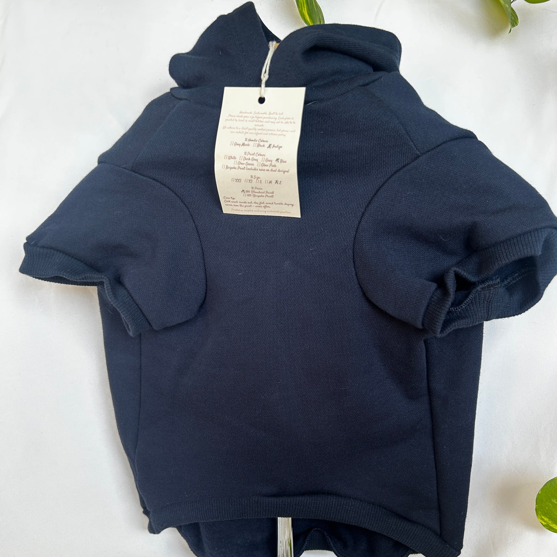 Indigo blue dog hoodie with white mandala print shown from front