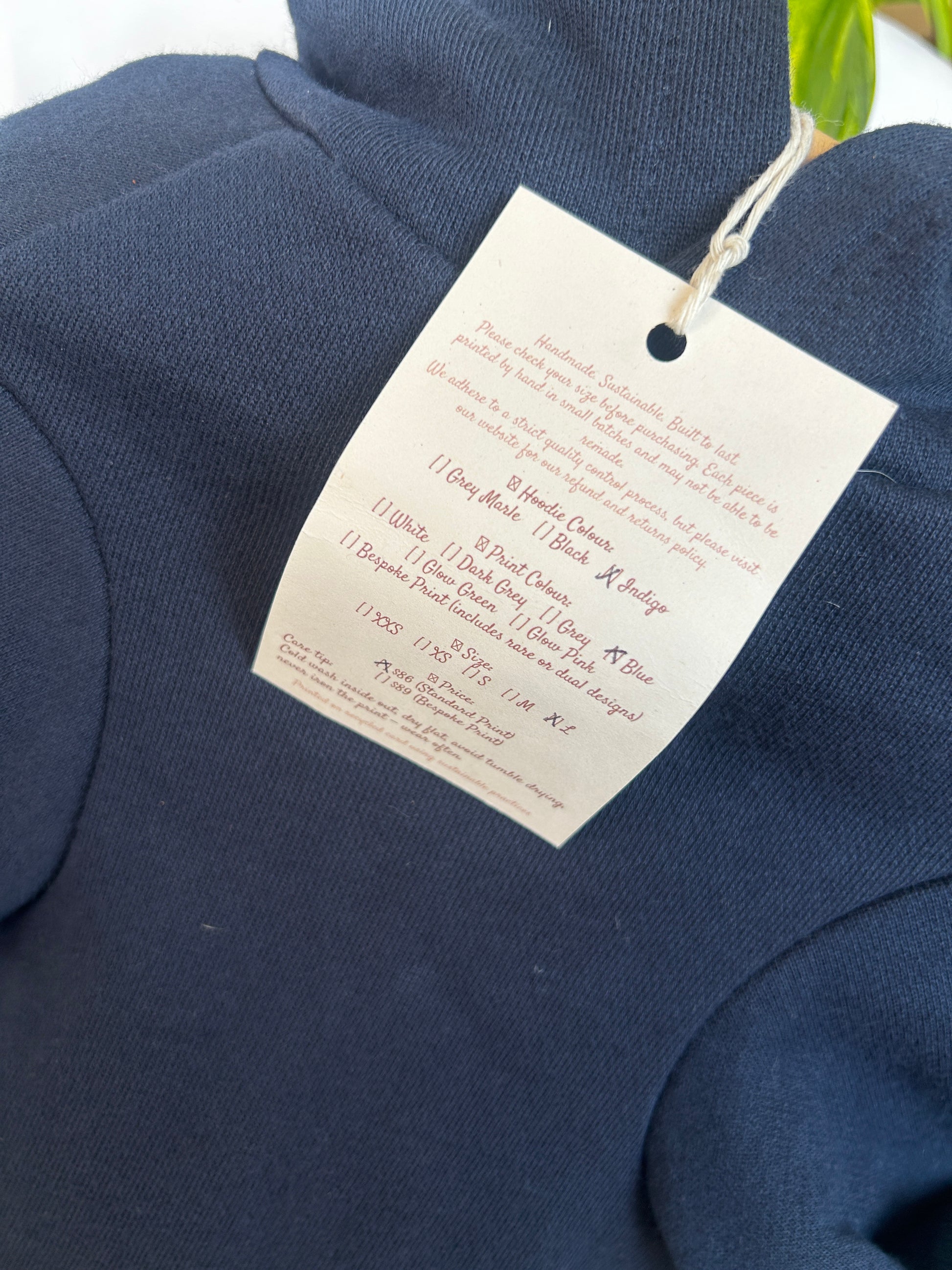 Fur-You tag detail on mandala indigo dog hoodie