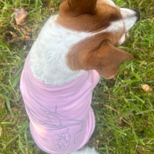 Arial view of Charlie sitting with his face slightly turned. Shows us the print on the back of the tee of Charlie and the bird in green in Dusrty Pink Tee