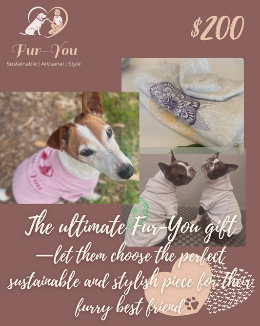 Combined images of Charlie our CEO the boston terrier sisters and neatly folded stacked hoodies showcasing 3 different designs, tees and hoodies of the Fur-You range. Text: The Ultimate Fur-You gift- let them choose the perfect sustainable and stylish piece for their furry best friend. This is assigned to the $200 voucher