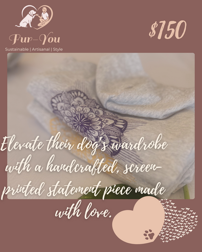 Beautifully stacked Fur-You hoodies displaying the intricate Mandala print in purple and gold lustre highlighting artisanal design. Text: Elevate their dog's wardrobe with a handcrafted, screen printed statement piece made with love. Assigned to the $150 voucher