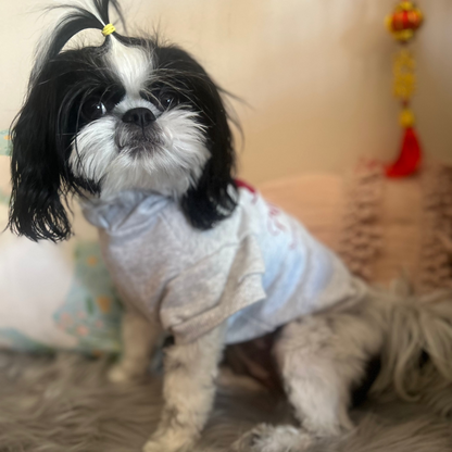 Clara sits calmly, her Fur-You Logo Hoodie in grey marle fitting comfortably around her petite frame. A side view highlights the relaxed sleeves, ensuring ease of movement for everyday adventures.