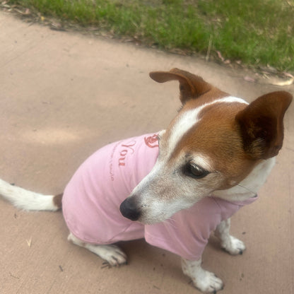 side view of charlie's face turned back towards his tail wearing the Dusty pink tee printed in Copper Fur-You logo